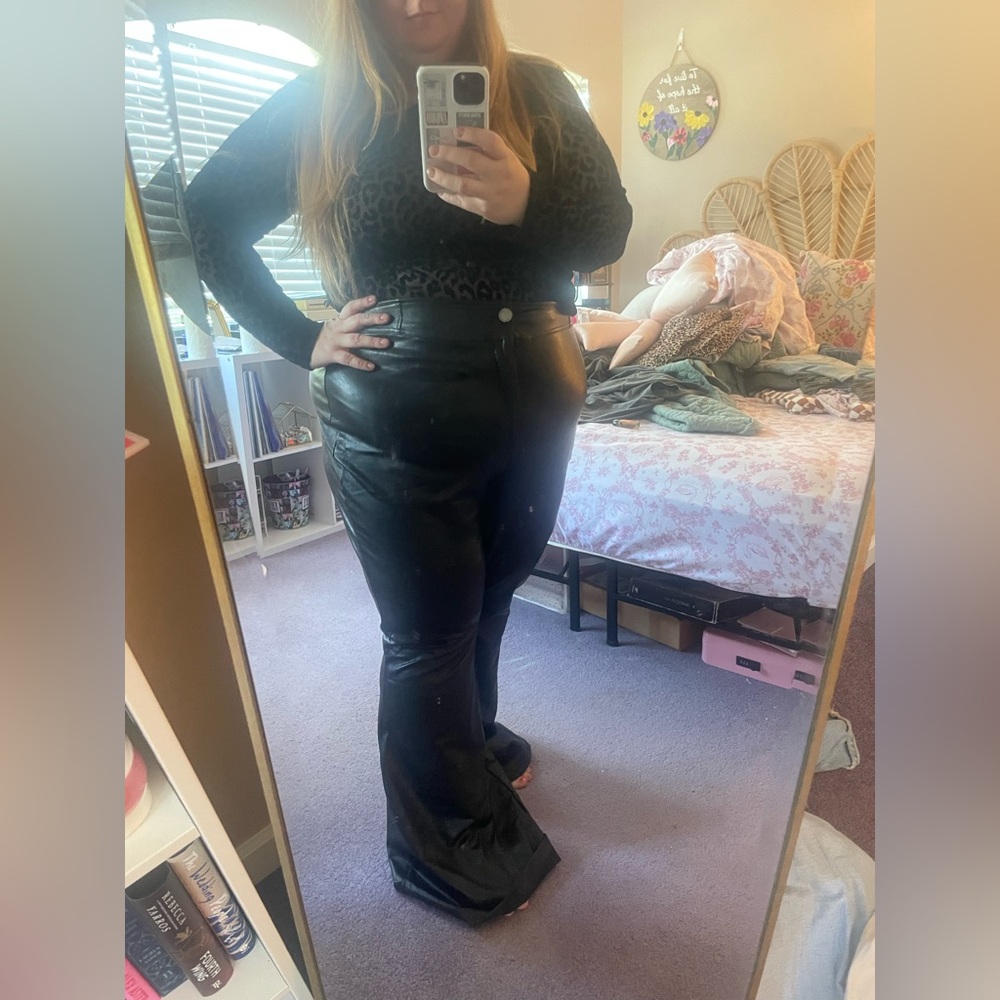 Black Leather Flare Women's Pants